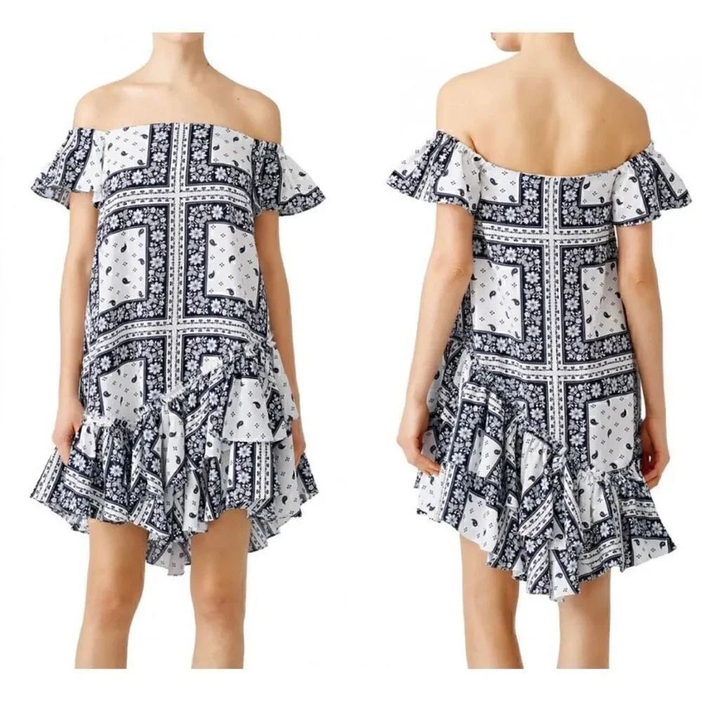 Cinq a Sept Women’s Size 8 Minella Dress White Off the Shoulder Paisley Bandana